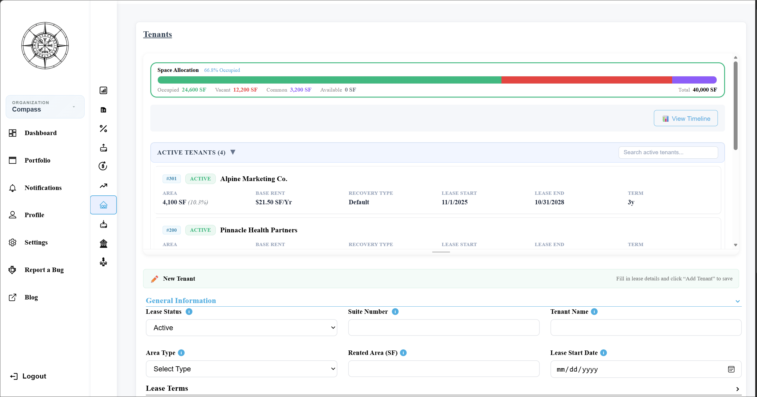 Tenant lifecycle form with accordion sections for lease terms, step increases, renewal probability, and more